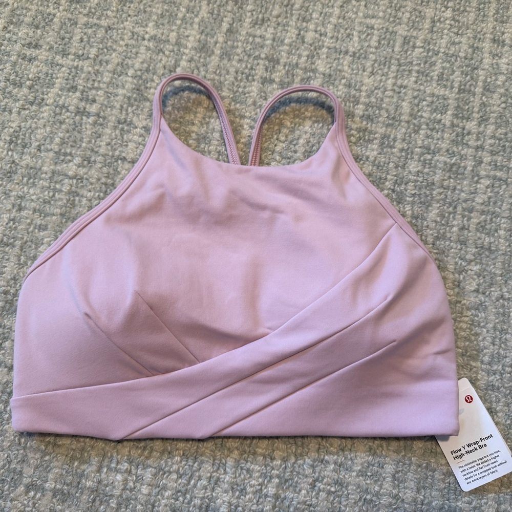 NWT- Lululemon Flow Y Wrap Front High Neck Sports Bra- Size 6- Pink Peony